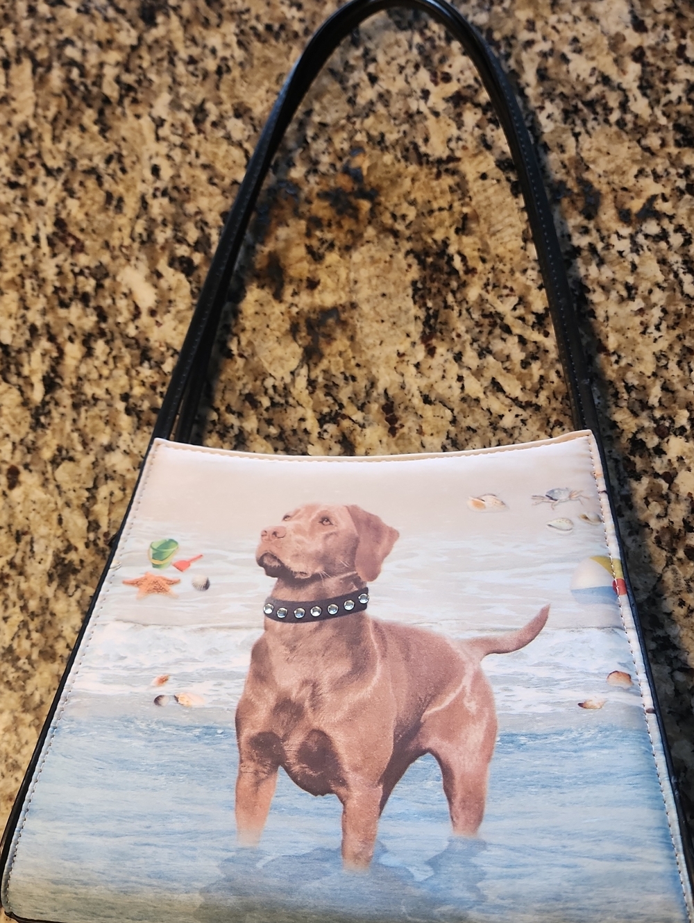 Brown Labrador Print Tote Bag with Black Trim Rhinestone Collar